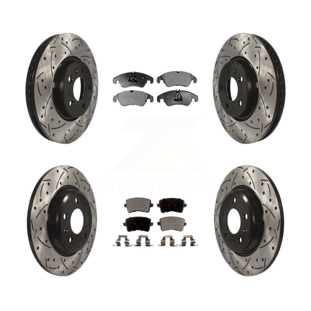 Transit Auto Front Rear Coated Drilled Slotted Disc Brake Rotors and Semi-Metallic Pads Kit for Car Audi Q5 A4 Quattro A5 allroad KDF-100369