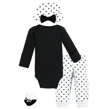 Hudson Baby Girls Thermal Preemie Layette Set 4pc Long Sleeve Outfit, Black White Dots, Preemie