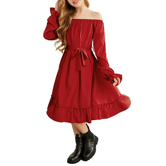 Oudiya Girls Long Sleeve Fall Dresses Formal Party Holiday Swing Flowy Ruffle Midi Dress, 5-13Y