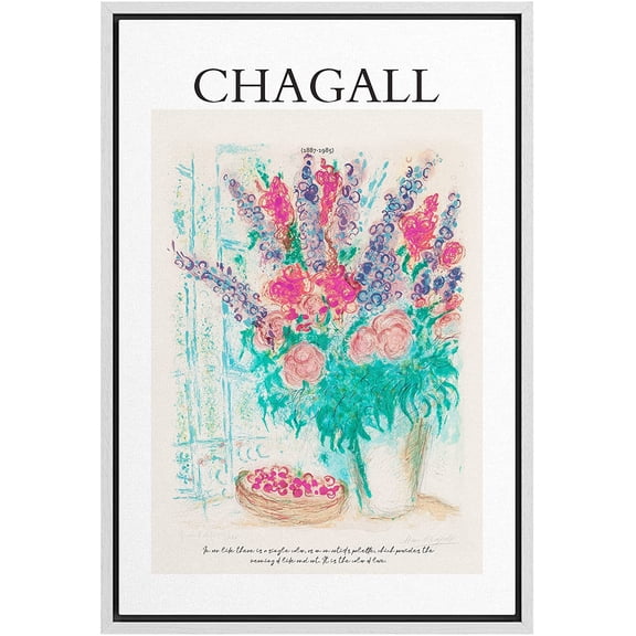 PixonSign Framed Canvas Print Wall Art Chagall Watercolor Neon Pastel Flower Bouquet Classic Vintage Illustrations Fine Art Decorative Multicolor for Living Room, Bedroom, Office - 24"x36" WHITE