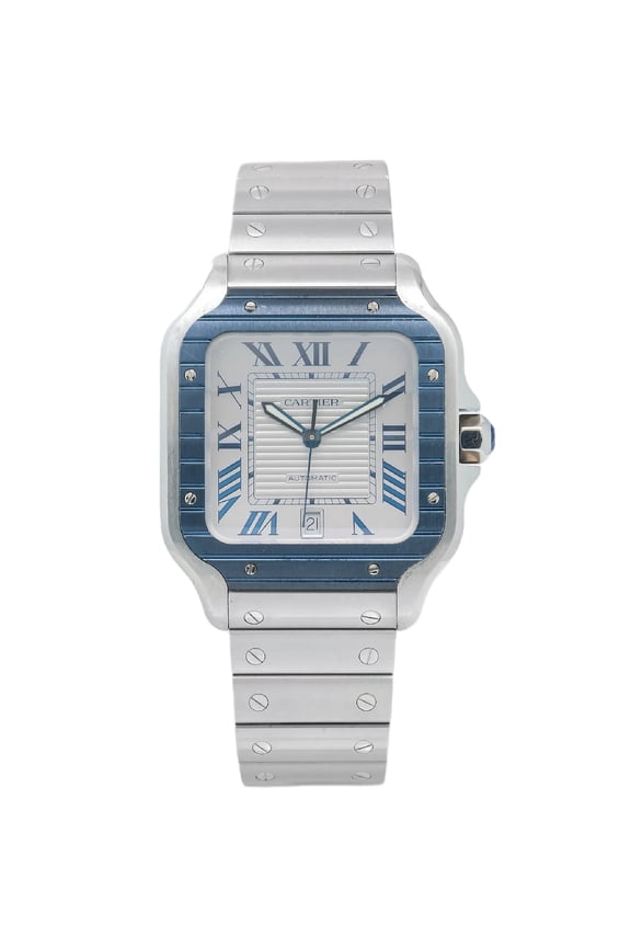 Pre-Owned Cartier Santos 39.8MM WSSA0047 Silver Roman Dial Blue Ceramic Bezel Stainless Steel Bracelet