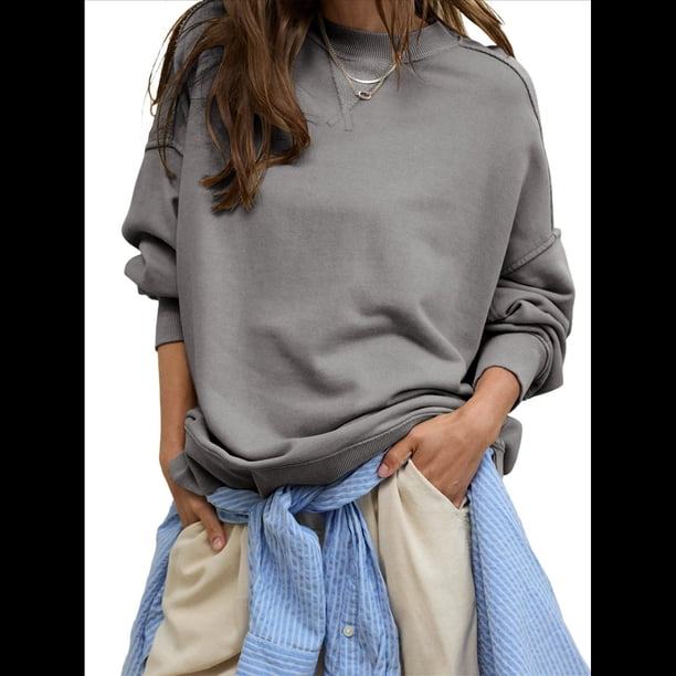 Sudadera con Capucha de Cuello Redondo y Forro Extragrande para Mujer, Lindas Camisetas de Larga, Ropa Preppy para Adolescentes (2025) Gris XL