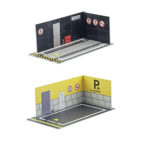 Milaget 2pcs 1/24 Car Model Parking Lot Background Scene DIY Easy Assemble Display Case YellowWallBlackWall