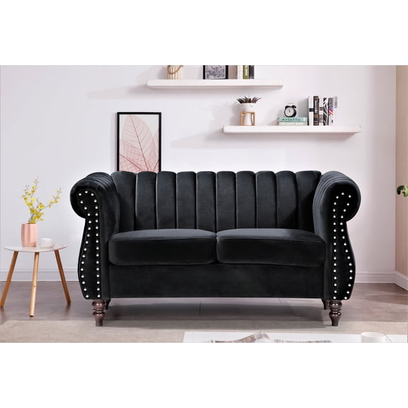 Uspridefurniture Adibah Velvet 60" Rolled Arms Loveseat,Black