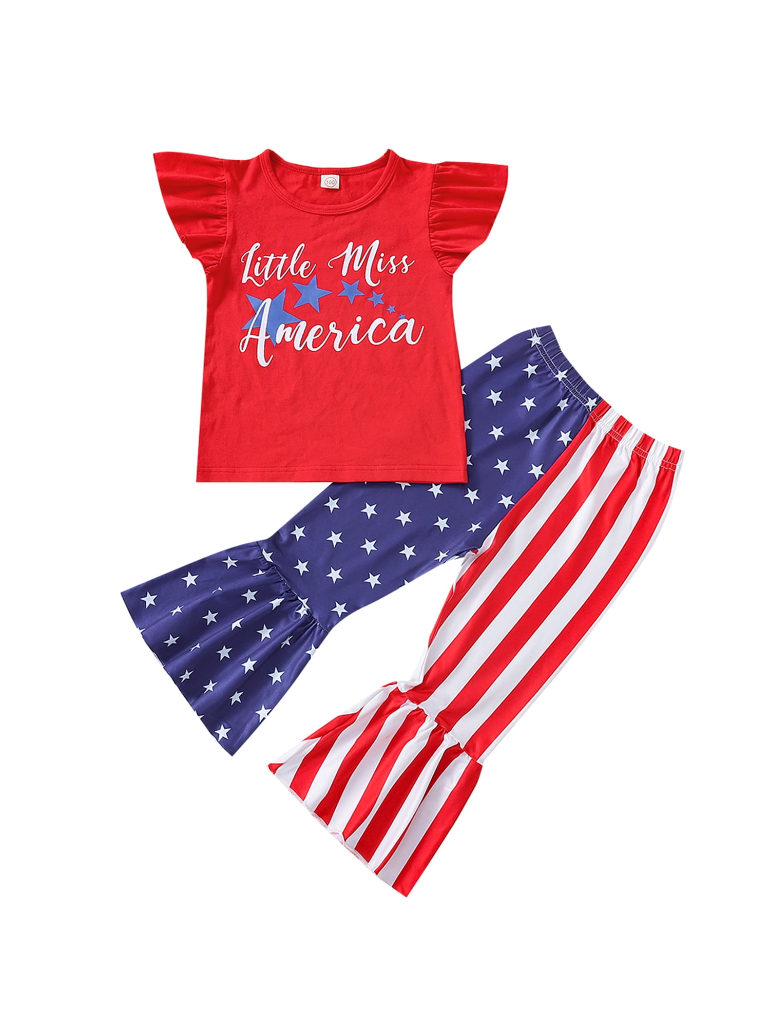 2PC Infant Baby Boy Girl 4th Of July US Flag Print T-shirt Tops+Pants Outfit Set 