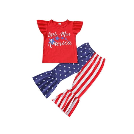 

Suanret Toddler Girls 4th of July Outfits Infants Fly Sleeve Letter T-Shirt Star Striped Flare Pants Set Red 2-3 Years