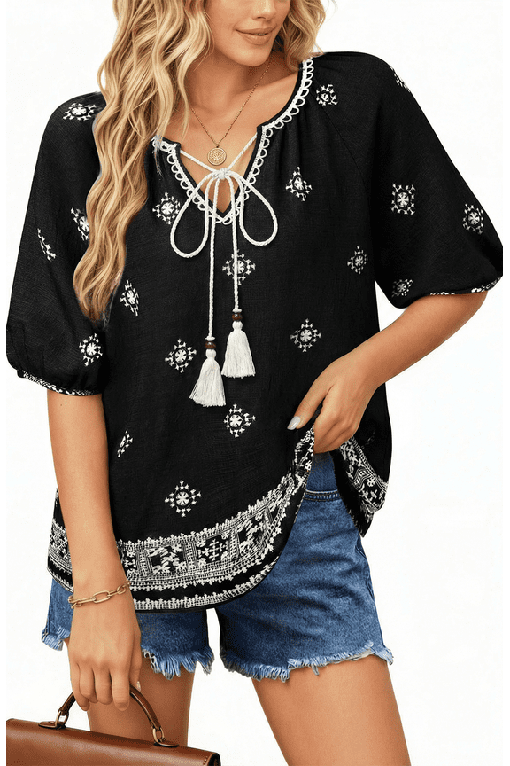 Summer Tops for Women Short Sleeve V Neck Boho Casual Blouses Ladies Floral Print Tie Front Flowy Shirts