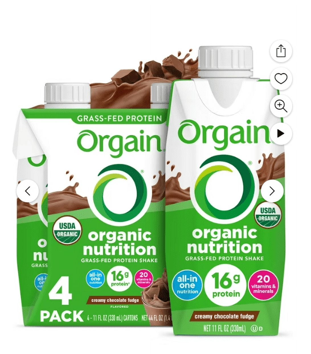 (3 pack) Orgain Organic Nutritional 16g Grass Fed Protein Shake Drink, Creamy Chocolate Fudge 11oz, 4ct