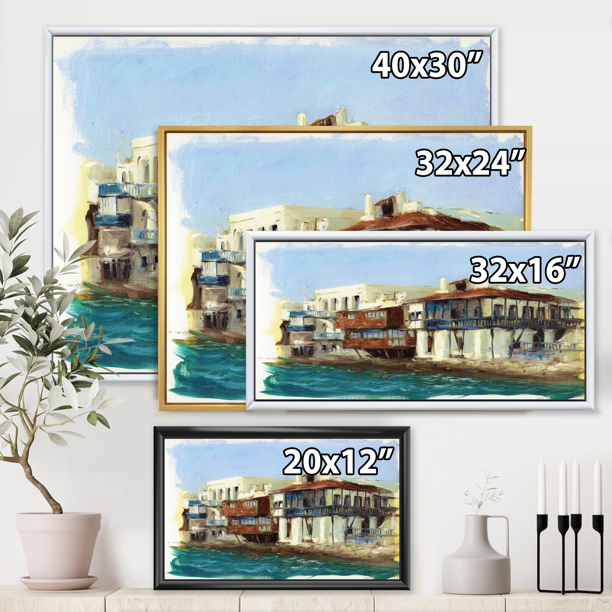 Designart 'Impression Old Houses On The Island of Mykonos Greece' Nautical & Coastal Framed Canvas Wall Art Print