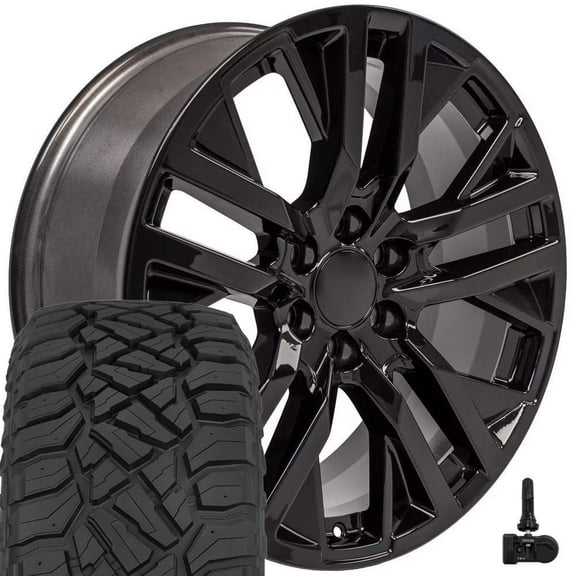 OE Wheels CV38 22 Inch Rims and Tires Fit Sierra 1500 Style 6x139.7 22x9 Gloss Black - Hollander 5903 - TerraMax RT 285/45-22 (Set of 4)
