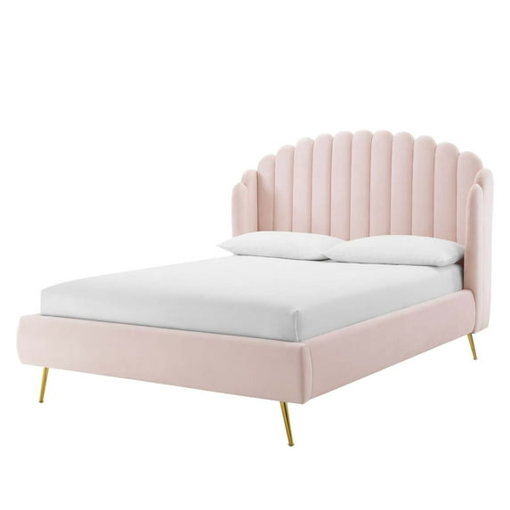 Platform Bed Frame, Queen Size, Velvet, Pink, Modern Contemporary Urban Design, Bedroom Master Guest Suite