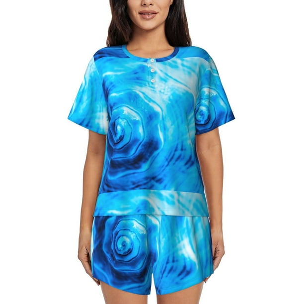 Balery Blue Shell Conjunto de Pijama para Mujer con Estampado, Dos Piezas de Manga Corta y Shorts, Ropa de Dormir Suave con Cuello Redondo y Bolsillos-Large