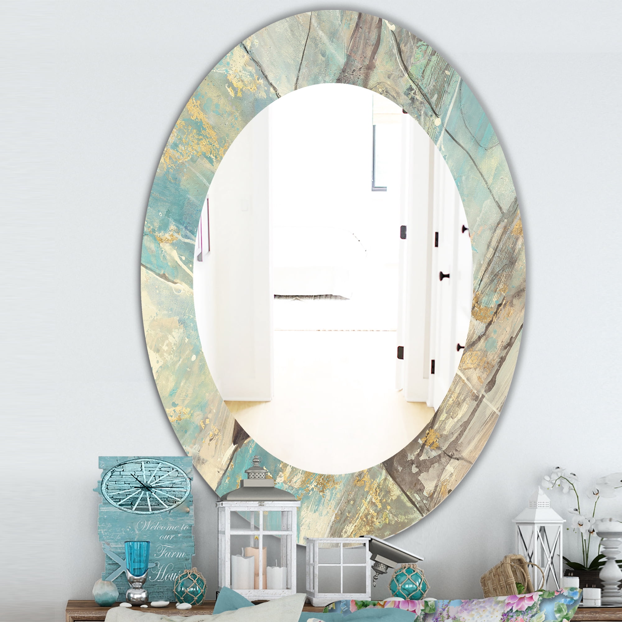 Designart 'Mineral Landscape In Blue, Cream and Brown' Traditional Mirror - Oval or Round Wall Mirror