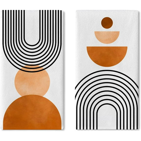 Modern Geometric Kitchen Dish Towels Set of 2, Boho Abstract Sun Rainbow Drying Hand Towel Baking Cooking Cloth, Contemporary Aesthetic Minimalist Art Home Decoration 18 x 26 Inches