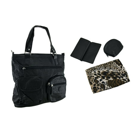 4 Pc. Mock Croc Handbag, Wallet, Coin Purse and Animal Print Scarf Set