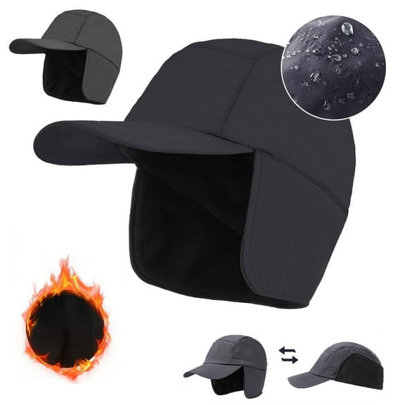 KANCOKIT Fleece Baseball Cap with Ear Flaps, Waterproof Warm Winter Sports Hat for Men Women, Black