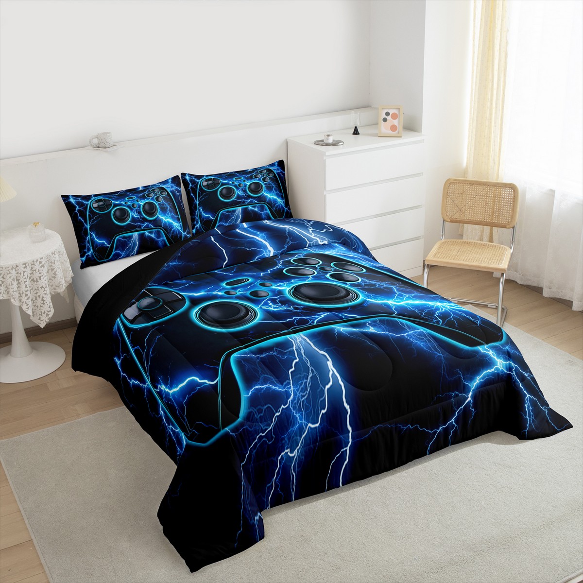 Feelyou 3D Gamepad Bedding Comforter Set for Teens, Blue Lightning Twin Comforter Sets, Modern Video Game Reversible Bedding Set, Ultra Soft Home Decor, 2 Pieces