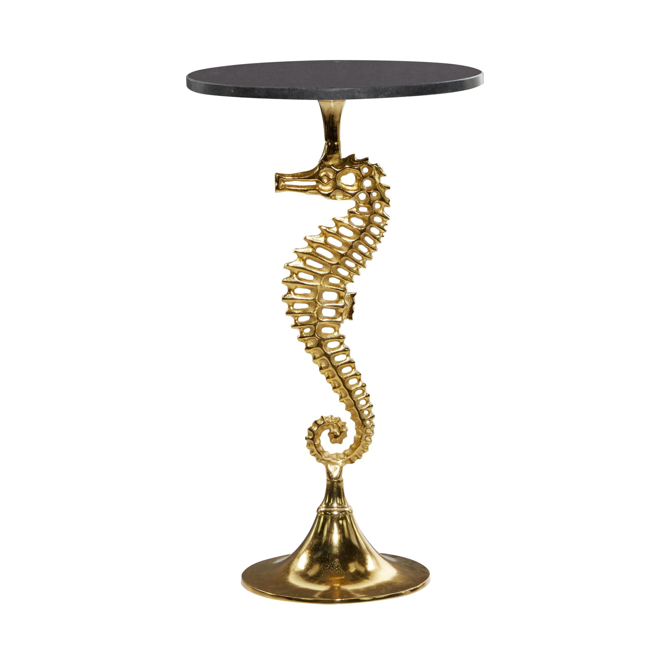 DecMode 16" x 28" Gold Aluminum Metal Pedestal Sea Horse Accent Table with Black Marble Tabletop, 1-Piece