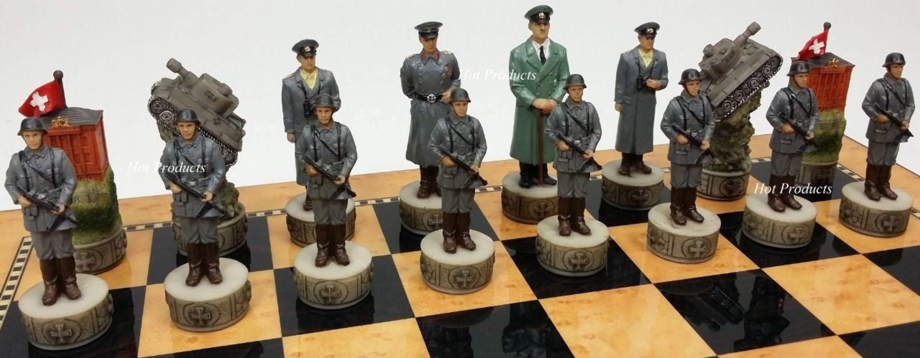 WW2 US GERMANY Chess Set W/ 15" WALNUT  BIRDSEYE MAPLE COLOR BOARD World War 2