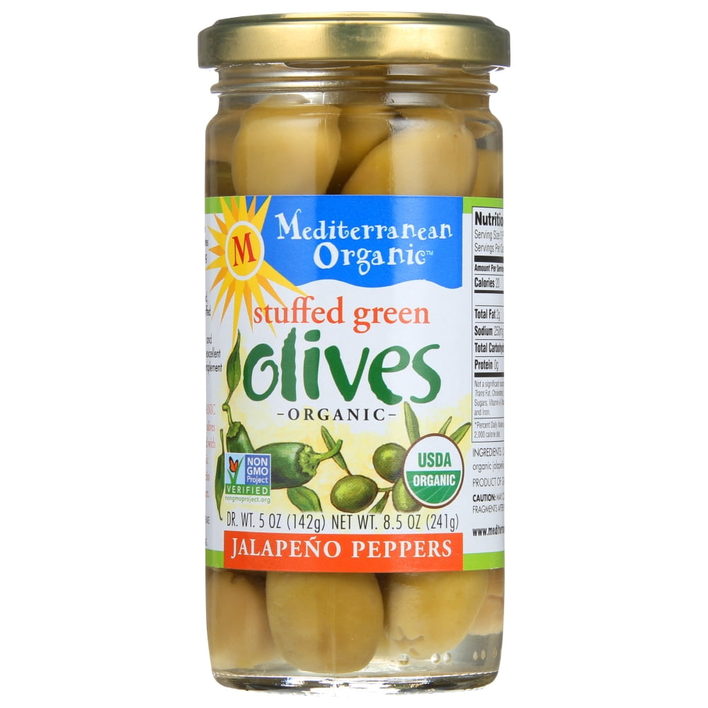 Mediterranean Organic Olives, Green Stuffed, With Jalapenos, 8.5 Oz