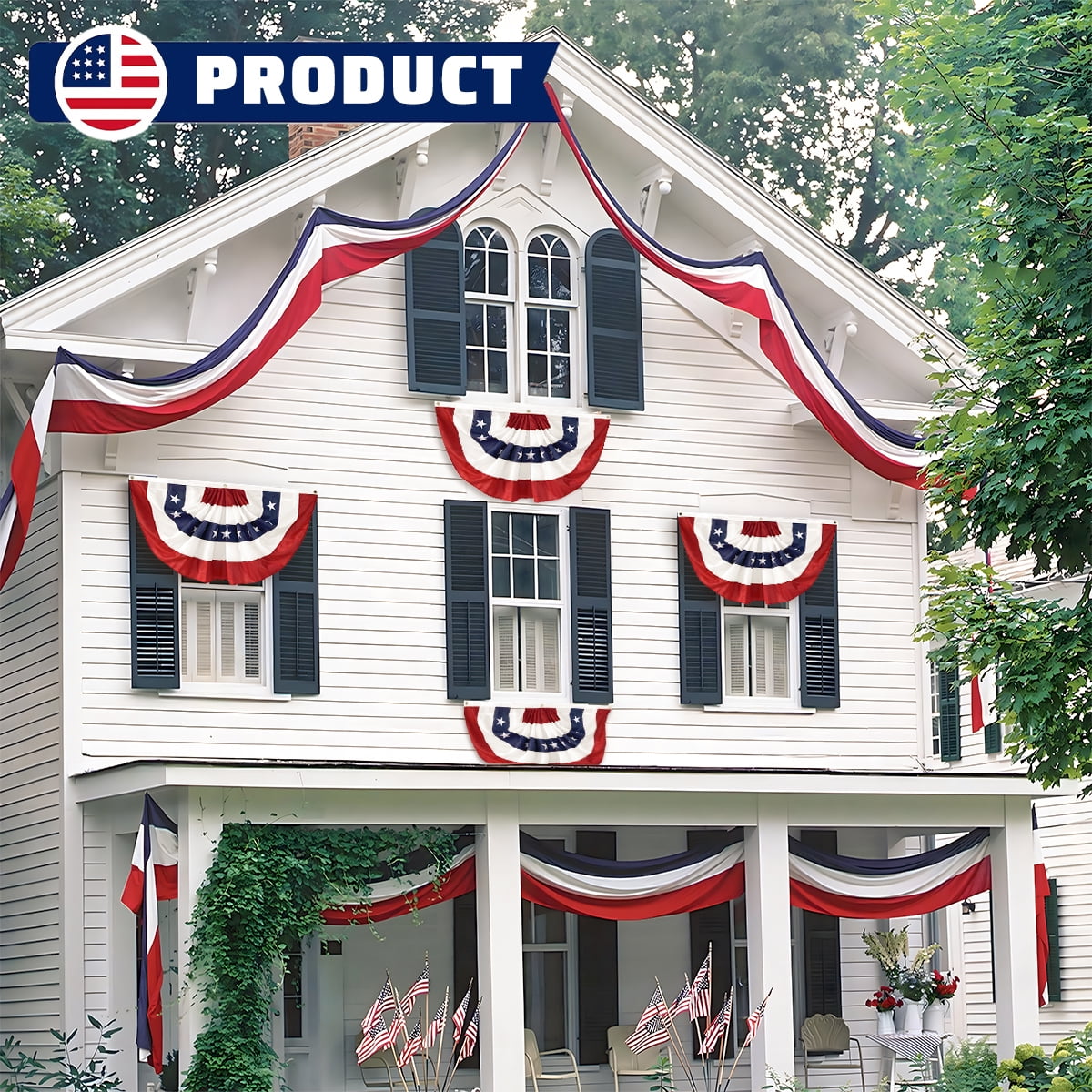 Tivamiko 1pcs 2x4ft Patriotic Pleated Fan Flags with Embroidered Stars- American Bunting for 4th of July Porch & Garden Décor