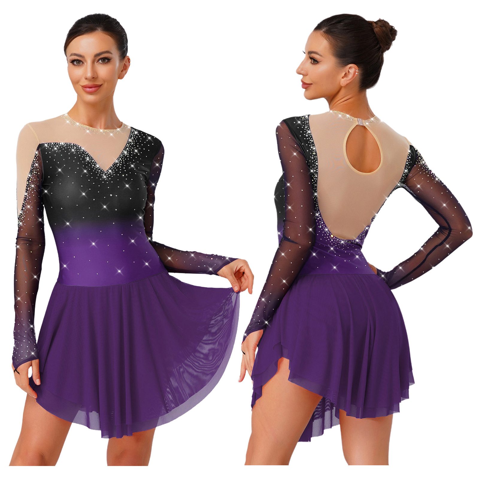 iiniim Womens Glittery Figure Skating Gradient Dress Gymnastics Active Costume Purple XL