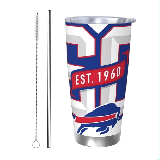 Taza térmica duradera de acero inoxidable 304 con tema del equipo de fútbol Bills con tapa y pajita Taza térmica de acero inoxidable de 20 oz Taza para automóvil Adecuada para bebidas frías y