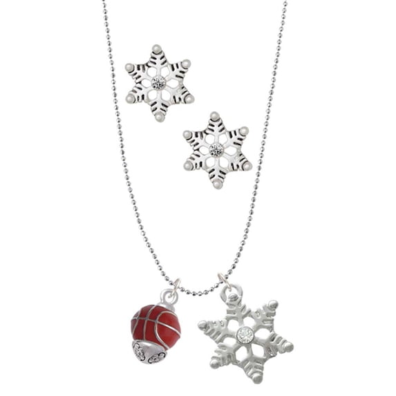 Delight Jewelry Silvertone 3-D Enamel Basketball Spinner Silver tone Snowflake Charm Necklace and Stud Earrings