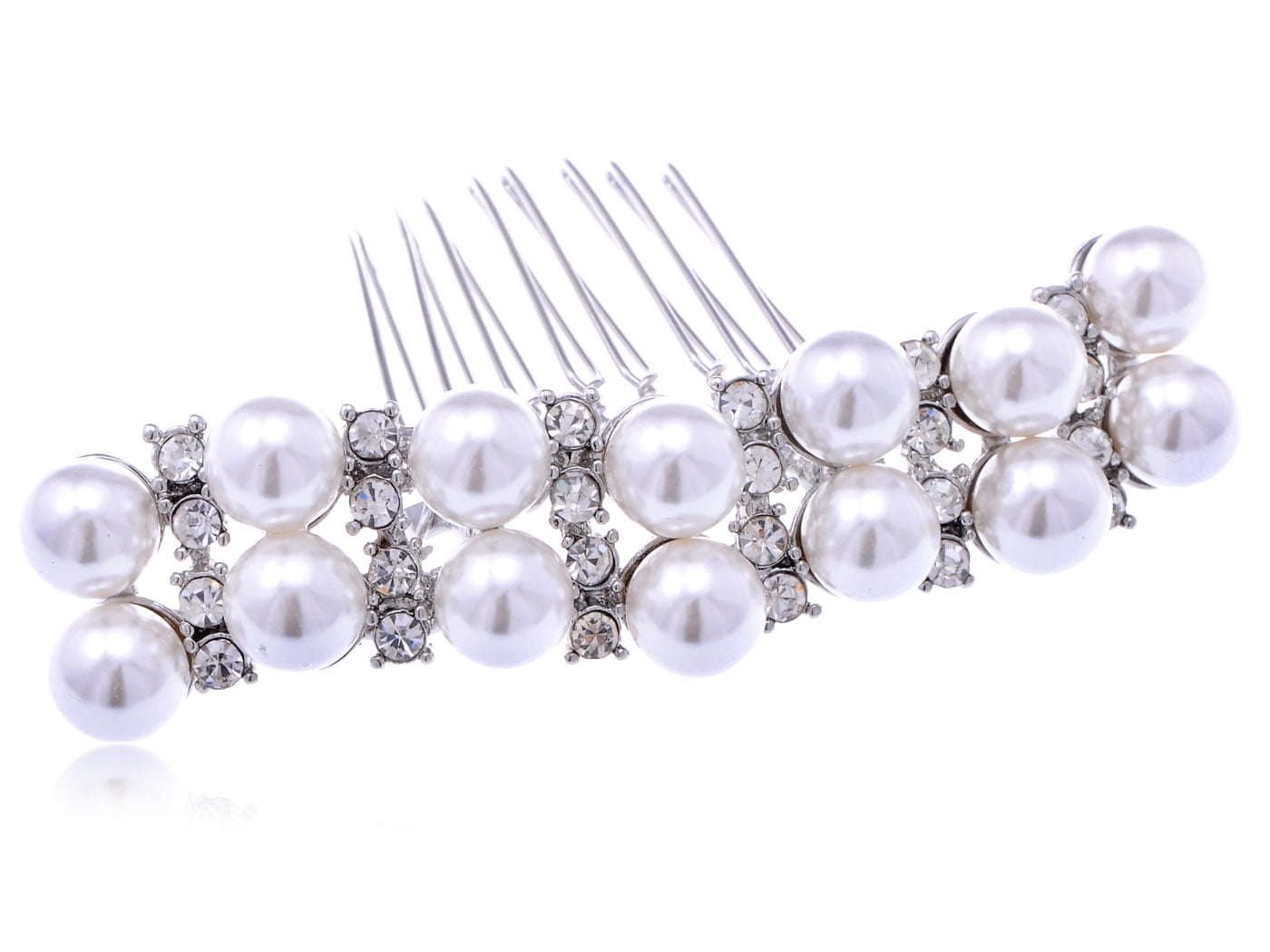 Silvertone Genuine Rhinestone and Faux Pearl Two Rows Layer Fashion Hair Comb