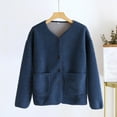 thumbnail image 2 of jtjvou Women Fuzzy Fleece Jacket Pajama Tops V-Neck Button Down Sleepwear Long Sleeve Plush Warm Winter Coat with Pockets Blue L, 2 of 3
