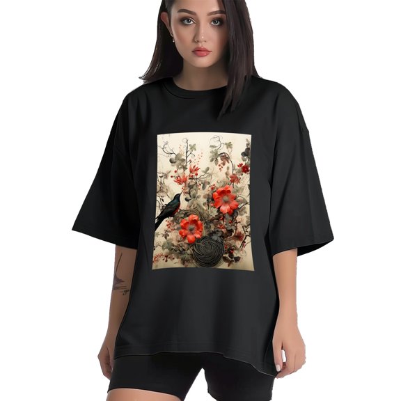 Plus Size Shirt for Women Black Tops for Women Short Sleeves Shirt for Women Birds T Shirt Crewneck Shirt for Women XS