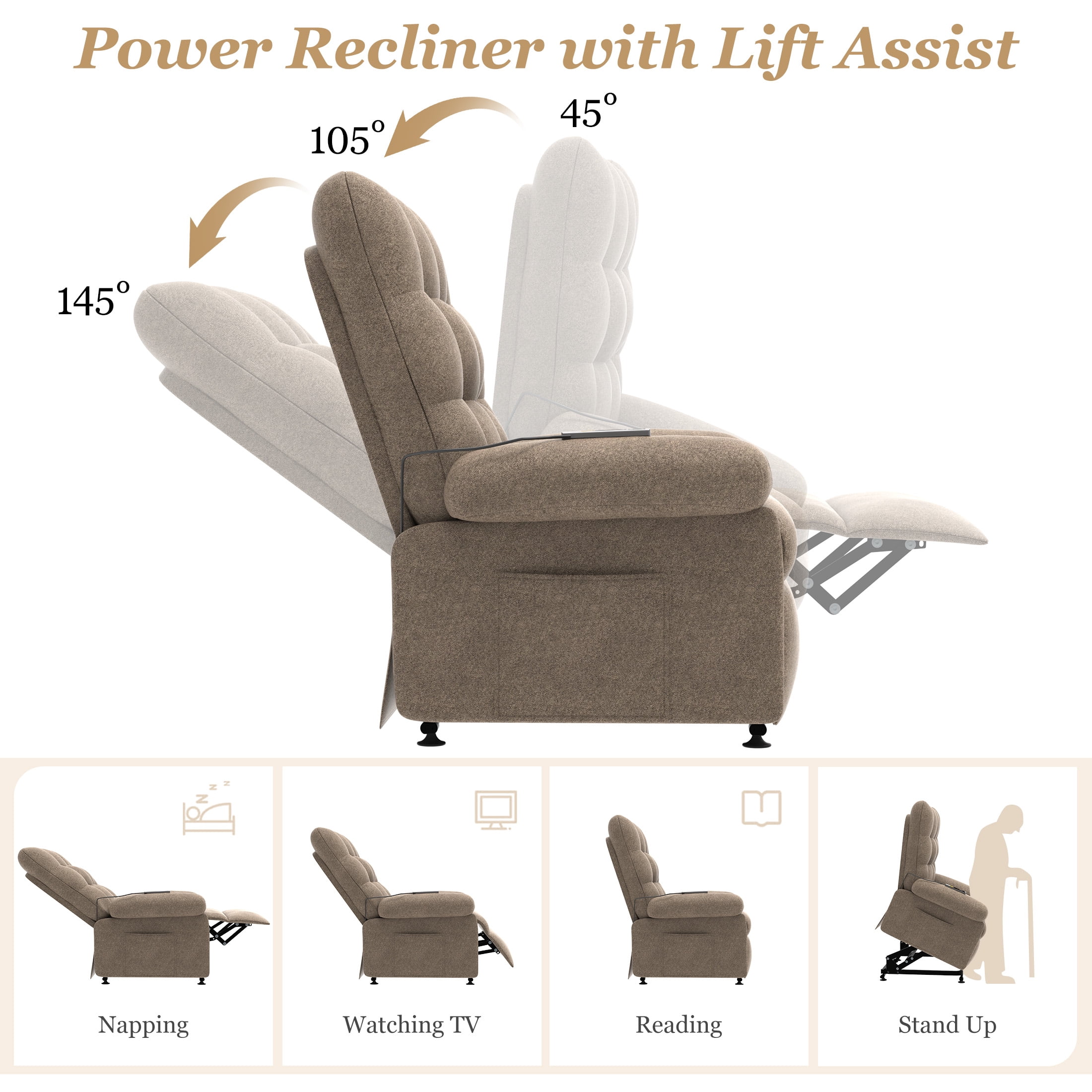 3 Motor Power Lift Recliner Chair, HSUNNS Zero Gravity Recliners with Side Pocket for Elderly, Electric Sofa with Remote Control for Living Room Home Theater, Ergonomic Lounge Recliner Chair, Coffee
