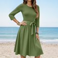 thumbnail image 2 of WTOBBY Women's Classic Solid Color Waistband Round Neck 3/4 Sleeve Dress, Flowy Midi Sundress with Timeless Style for Various Occasions,Army Green L, 2 of 5