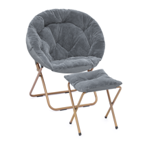 BEZT Round Folding Faux Fur Saucer Chair for Bedroom Living Room Dorm Foldable Metal Frame Oversized Large Comfy Furry Padded Soft Cozy Moon Chair with Footrest Ottoman for Adults (Gray)