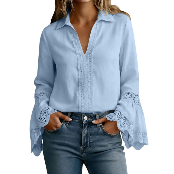 Women's Bell Long Sleeve Shirts Lace V Neck Cotton Line T Shirt Casual Fashion Beach Vacation Blouses Lightweight Loose Solid Color Outfits
