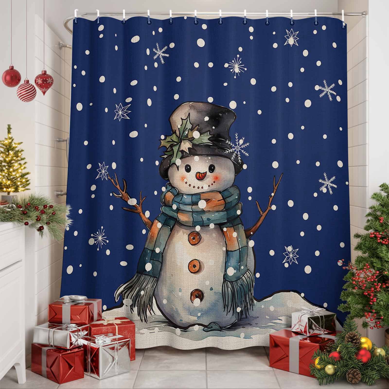 Shower Curtain Bathroom Set Merry Christmas Snowman Winter Snow Waterproof Fabric Shower Curtains with Grommets&Hooks Vintage Linen Navy Blue Privacy Bath Curtain for Bathtub 72x72in