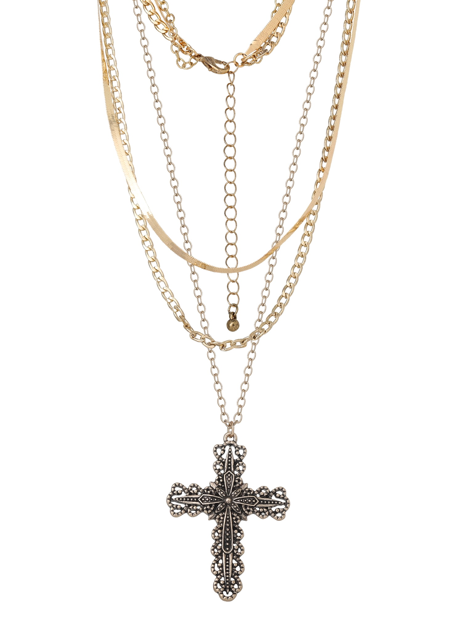 Jessica Simpson Women's Gold-Tone Layered Cross Necklace with Snake Chain and Link Chain