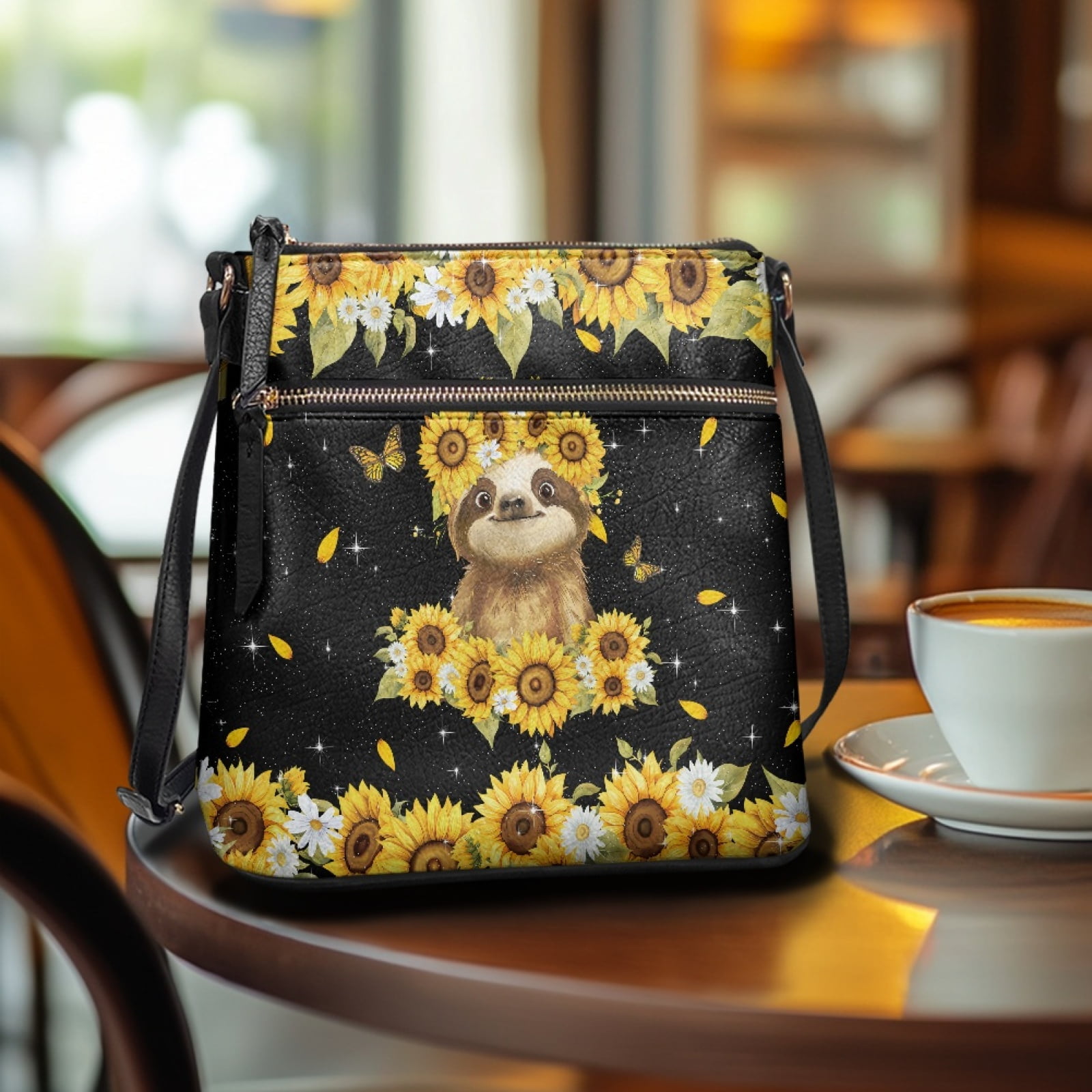 LedBack Sloth Print Crossbody Bag for Women, Zipper Leather Hobo Purse for Women Ladies, Portable Satchel Bag Multi Pockets Shoulder Handbag for Travel Shopping, Black