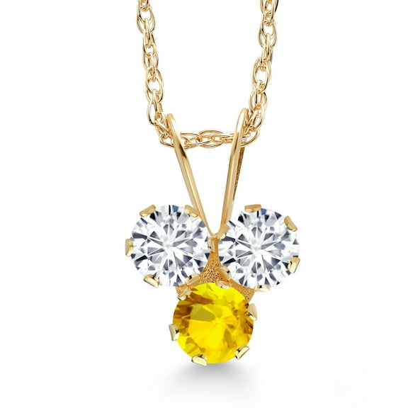 Gem Stone King 14K Yellow Gold White Lab Grown Diamond and Yellow Sapphire 3-Stone Pendant Necklace for Women (0.33 Cttw, Gemstone April Birthstone, Round 3MM, 18 inch Chain)