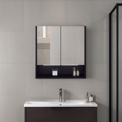 Black Medicine Cabinet with Open Shelves and 3 Interior Shelves - Wall Mounted Bathroom Organizer