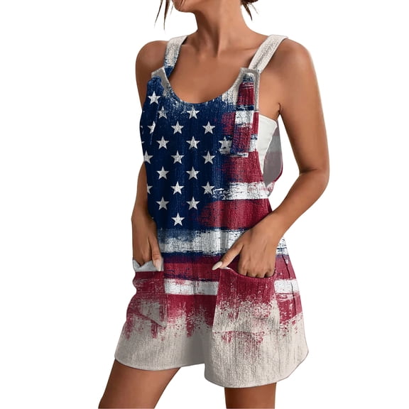 JULMCOMO 4th of July Rompers for Women American Flag Sleeveless Casual 1776 250th Year Outfits Independence Day Red White Blue Short Pants with Pockets Navy L