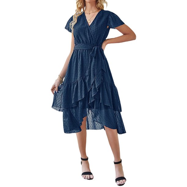 Mujeres Verano Casual Midi Vestido Suizo Punto V-Cuello Mosca Manga Lazo Plisado Ruffle Vestido Playa Vacaciones Vestido de gasa Nituyy Vestido plisado multicolor