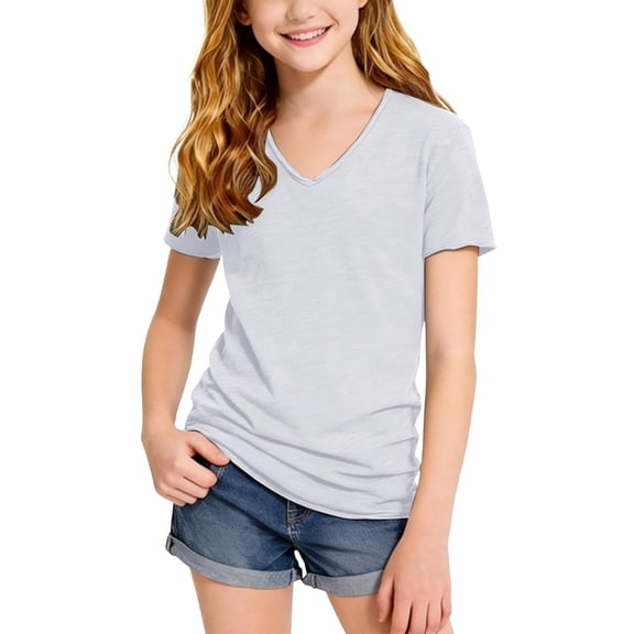 CPNG Boys Girls Casual Cotton T Shirt Solid Color Short Sleeve V Neck T Shirt Summer Comfortable Tees Tops(White,13-14 Years)
