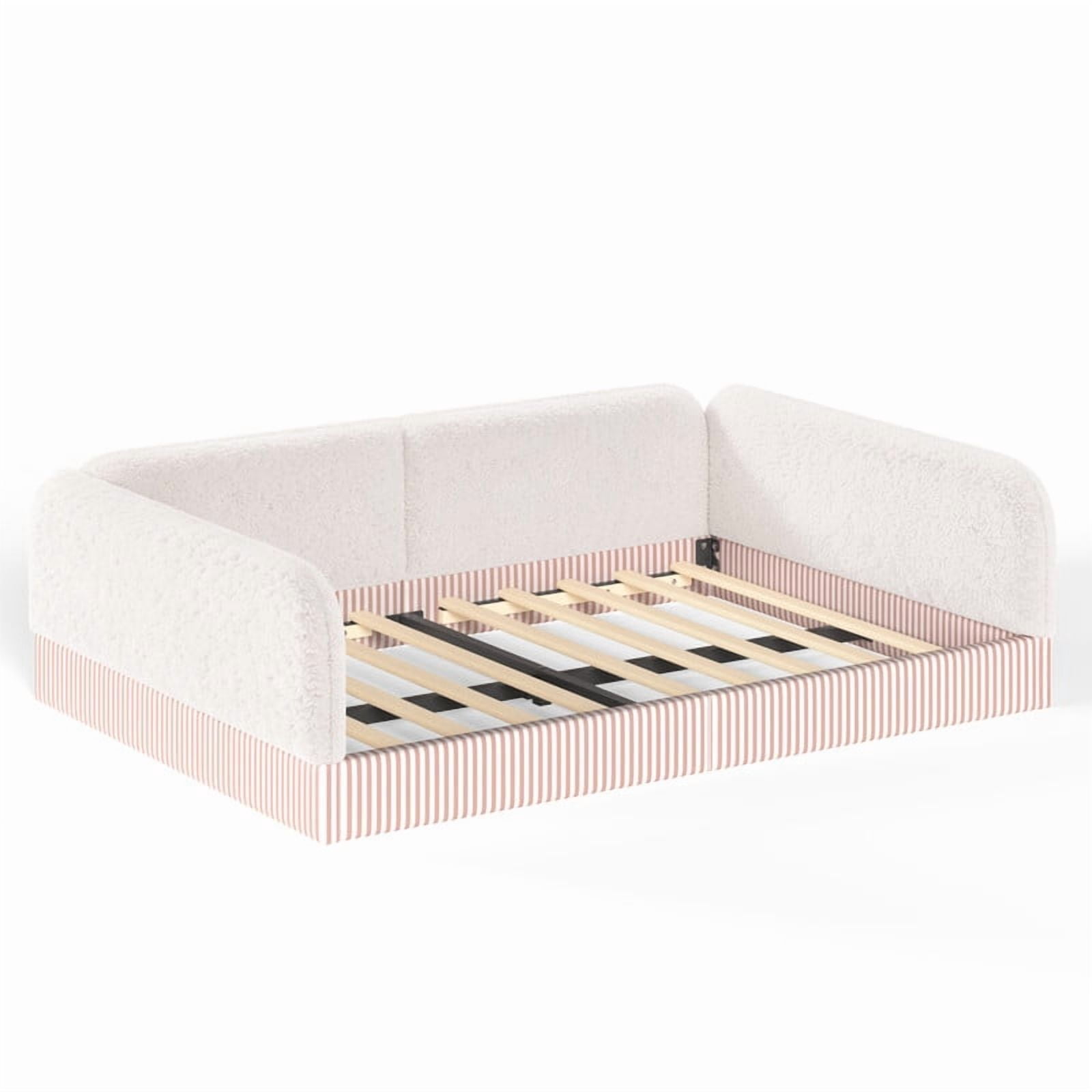 Full Size Upholstered Floor Daybed Frame for Kids, Half-Enclosed Montessori Platform Bed with 3-Sided Surrounding Guardrails