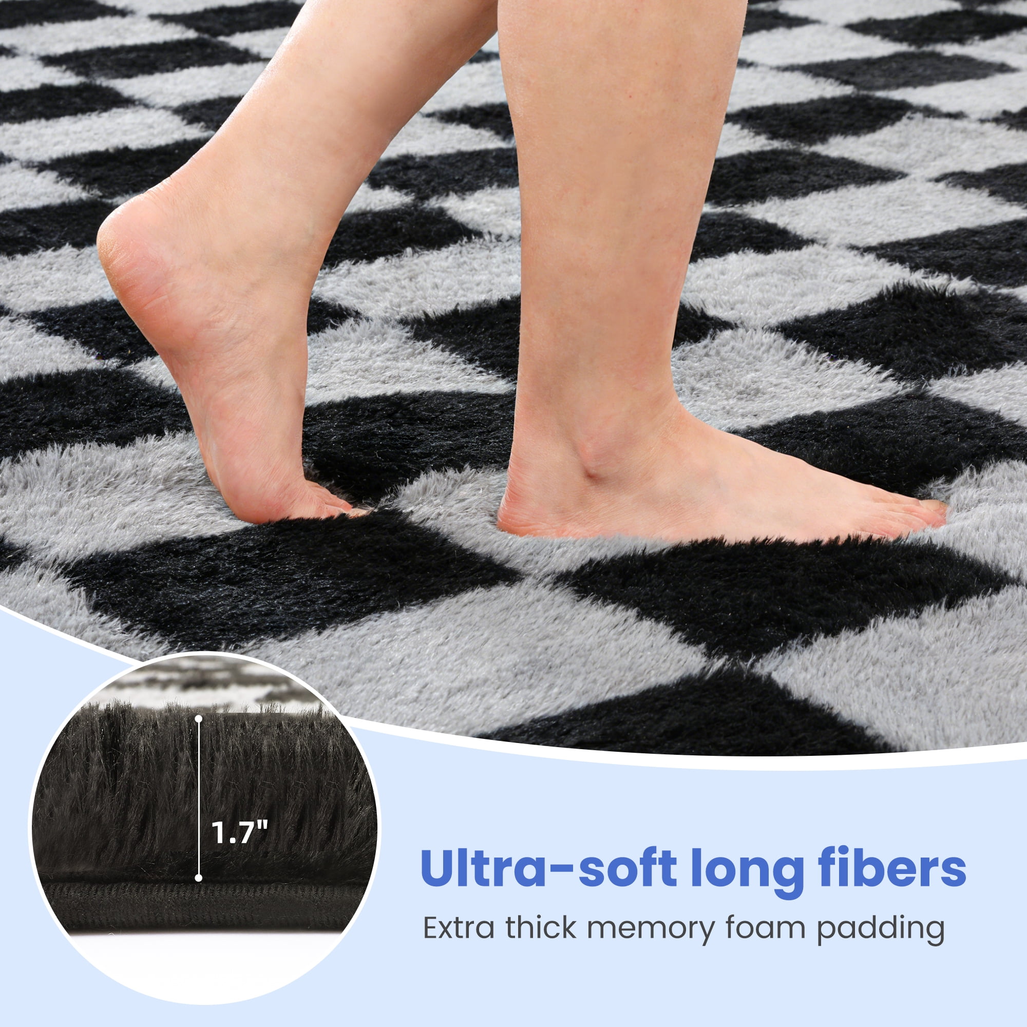 CozyDesg Shag Area Rugs,5'x8' Soft Fluffy Floor Rugs Checkered Carpet，Washable Area Rugs for Living Room Bedroom Decor,Black & Grey