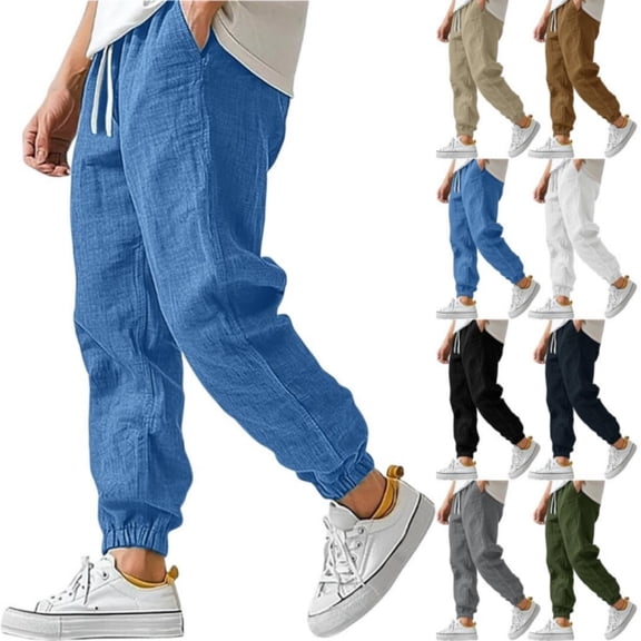 HKYNLAG Cotton Linen Pants for Men Summer Casual Elastic Waist Drawstring Baggy Joggers Lightweight Breathable Beach Pants White XL