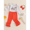 thumbnail image 4 of Baby Toddler Girl Halloween Outfit, 0 3 6 12 Months Ghost Letter Print Long Sleeve Romper Elastic Waist Ruffle Pants Bow Headband 3 Piece Clothing Set, 4 of 9