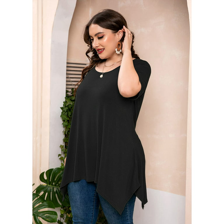 SHOWMALL Plus Size Tops for Women Tunic Clothes Short Sleeve Black Blouse  3X Summer Swing Tee Crewneck Clothing Flowy Shirt for Leggings