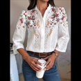 thumbnail image 4 of Blusa Informal con Cuello de Banda, Mangas Abullonadas 3/4 y Bordado Floral con Ojales para Mujer Rojo M, 4 of 7