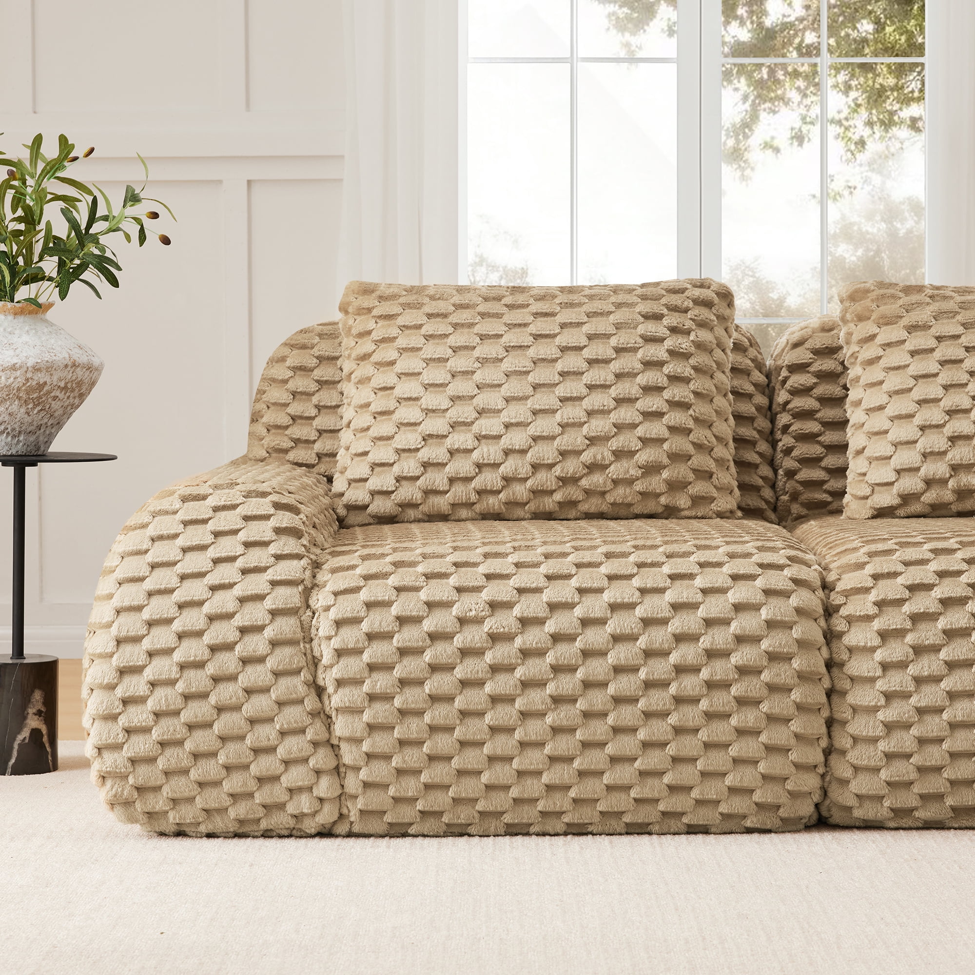 Aukfa 82" Overstuffed Cloud Sectional Sofa Modular Boneless Couch Loveseat for Living Room, 2 Pillows, Flannel, Camel